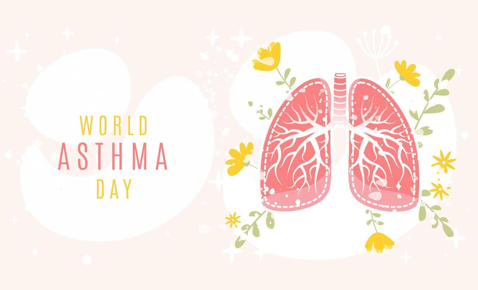 World Asthma Day horizontal banner with floral lungs. Hand drawn flat cartoon style. Perfect for banner, landing page template, poster, flyer and so on vector