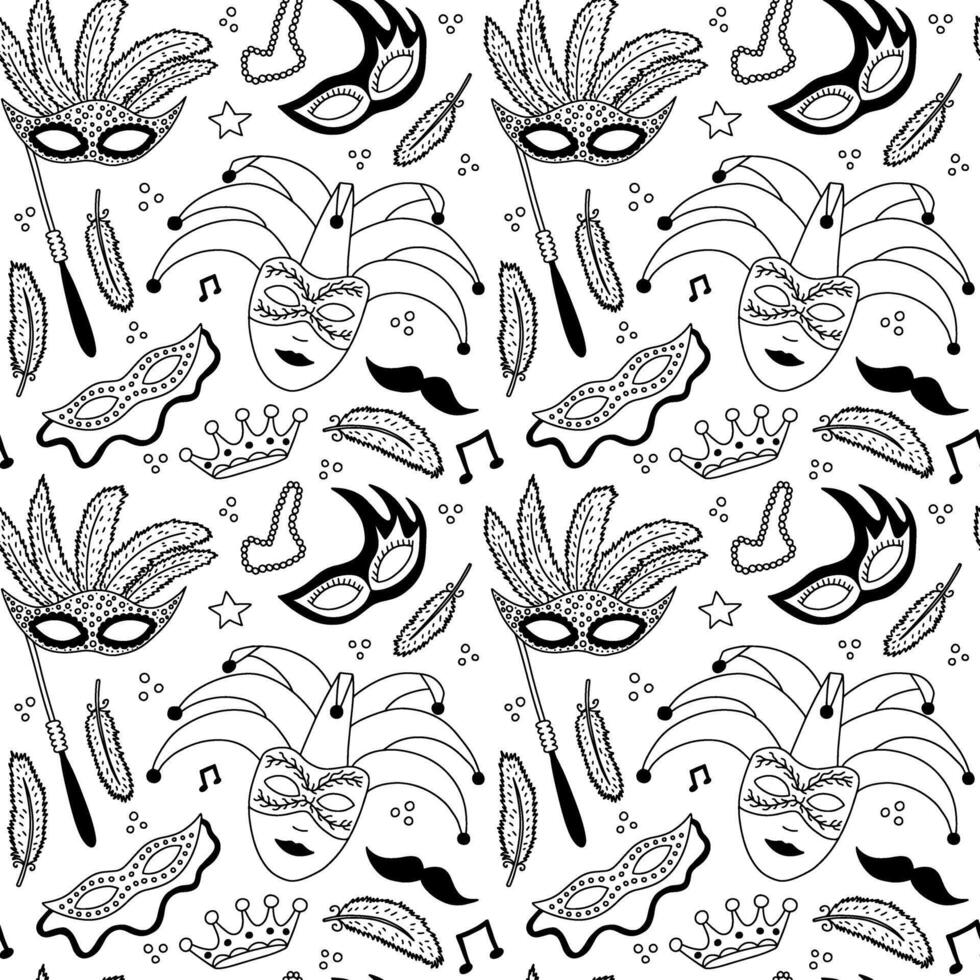 Mardi gras carnival masks hand drawn seamless pattern vector