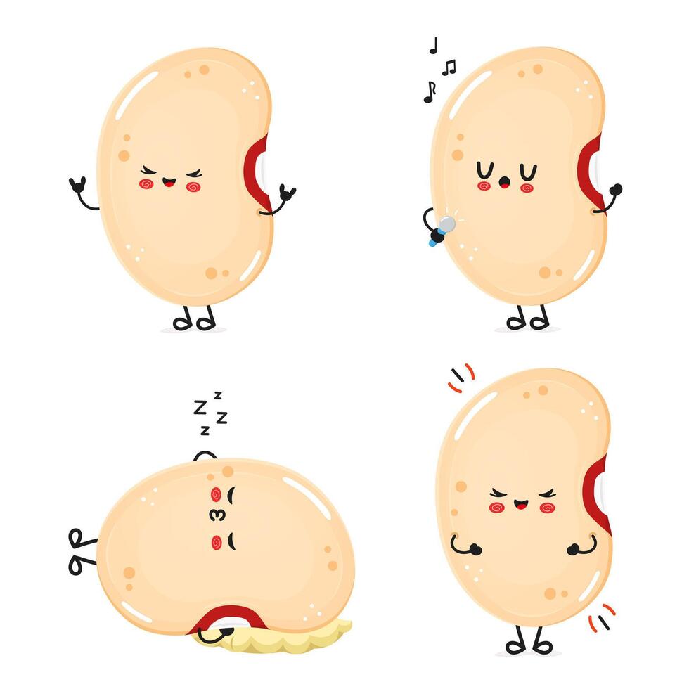 Whimsical kidney beans showcase emotions with singing, sleeping, shyness, and happiness in cartoon style. vector