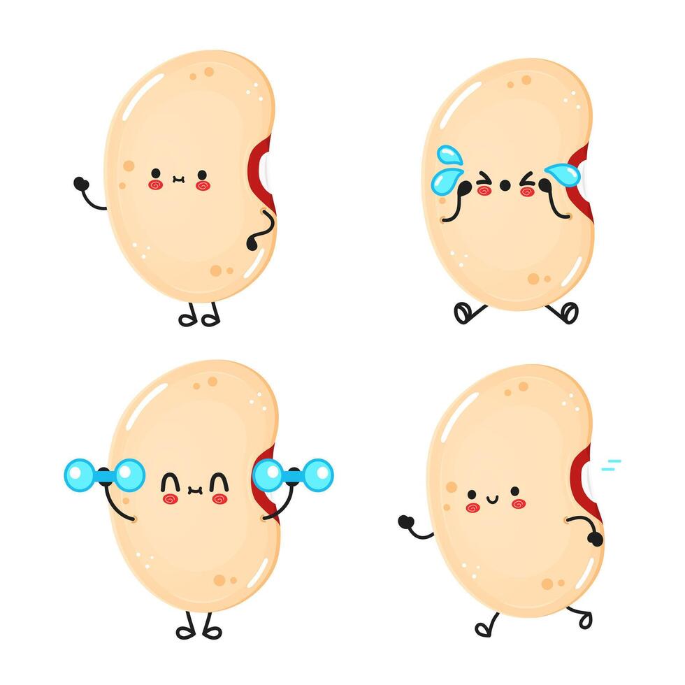 Four soy bean cartoon characters express different moods and activities on a white background. vector