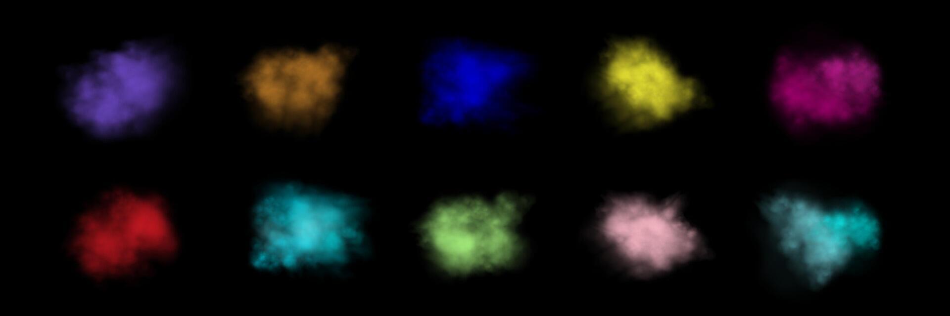Different colors realistic smokes or haze on a black background. Magic fog, vapor illustration vector