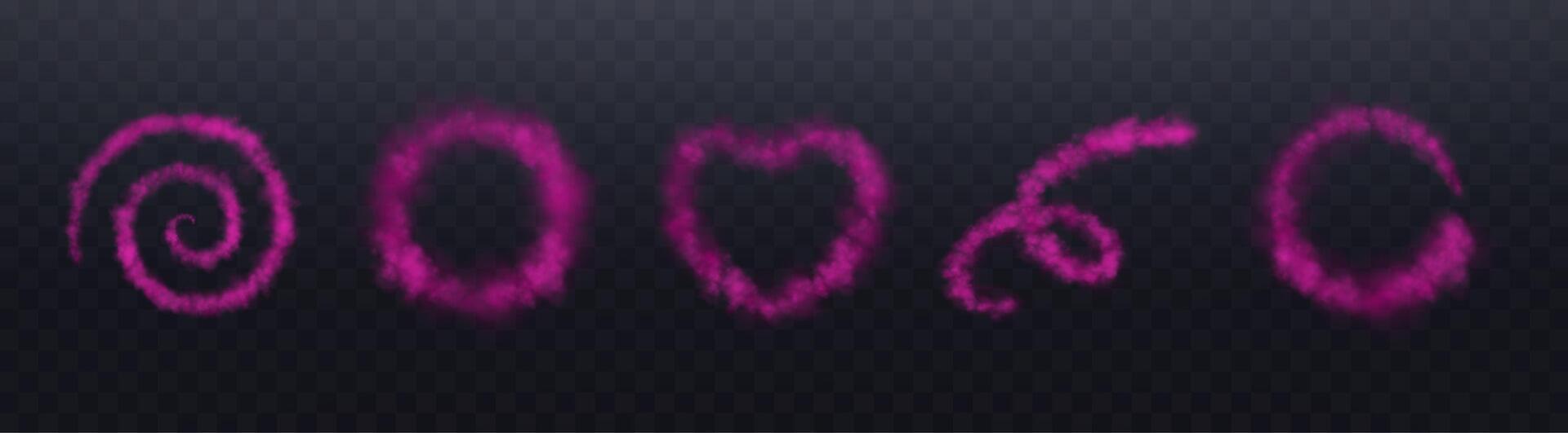Realistic pink smoke shapes rings. Spiral smoke or haze, overlay effect on a dark background. Circular magic fog, vapor. Abstract illustration vector