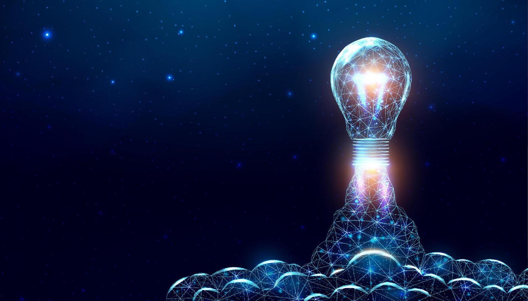 Bulb launch, wireframe polygonal style. Internet technology network, business startup concept with glowing low poly rocket. Futuristic modern abstract background. illustration. vector