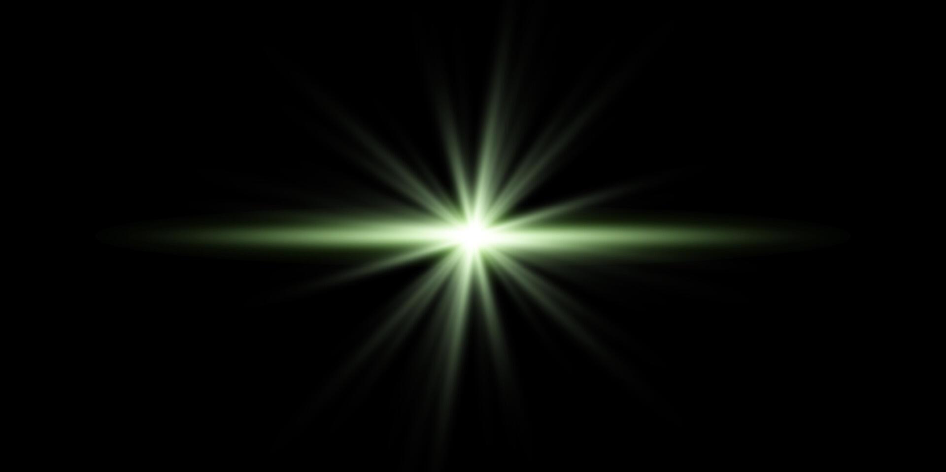 Green horizontal lensflare. Light flash with rays or green spotlight. Glow flare light effect. illustration. Isolated vector