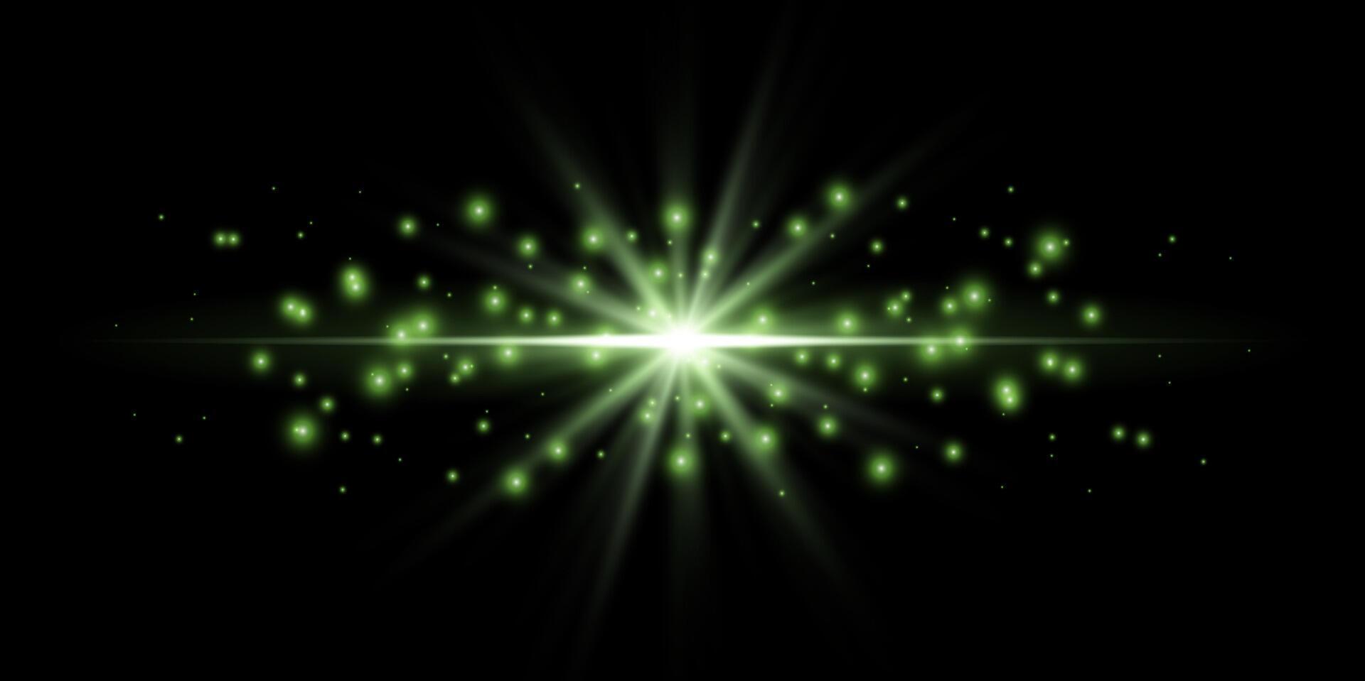 Green horizontal lensflare. Light flash with rays or green spotlight. Glow flare light effect. Isolated on dark background. vector