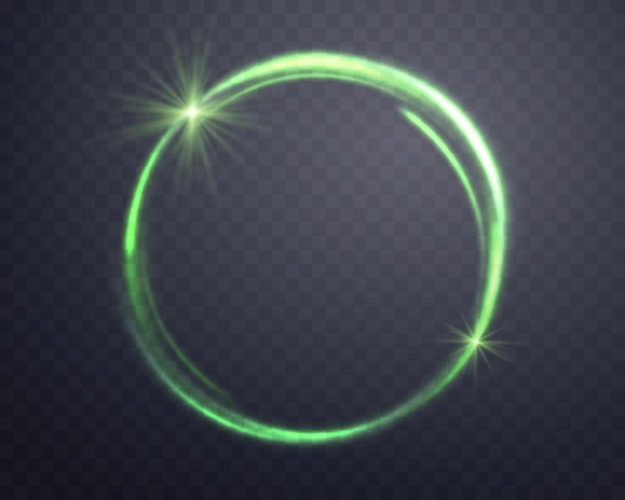 Green magic ring with glowing. Neon realistic energy flare halo ring. Abstract light effect on a dark background illustration. vector