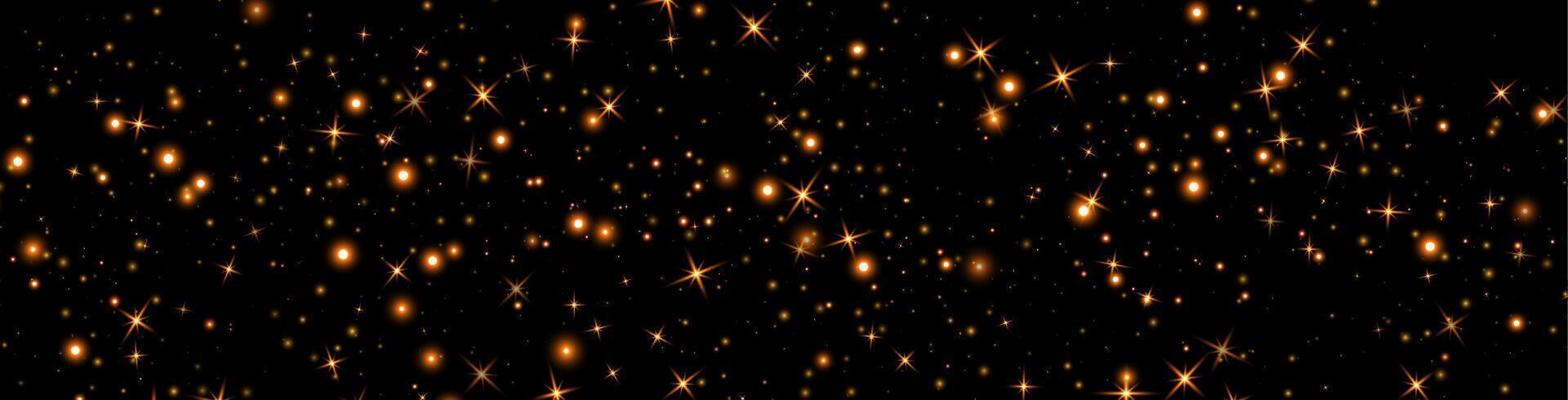 Orange glittering dots, particles, stars magic sparks. Dust cloud flare light effect. Orange luminous points with smoke. Glow particles on black background vector