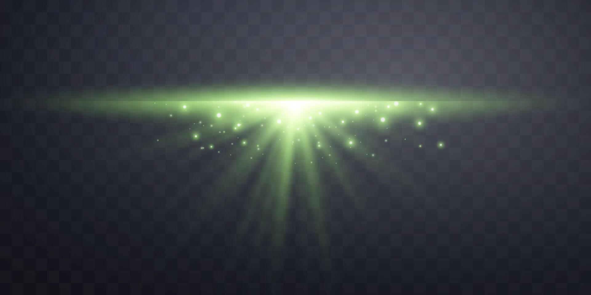 Green horizontal lensflare. Light flash rays or green spotlight. Glow flare light effect vector