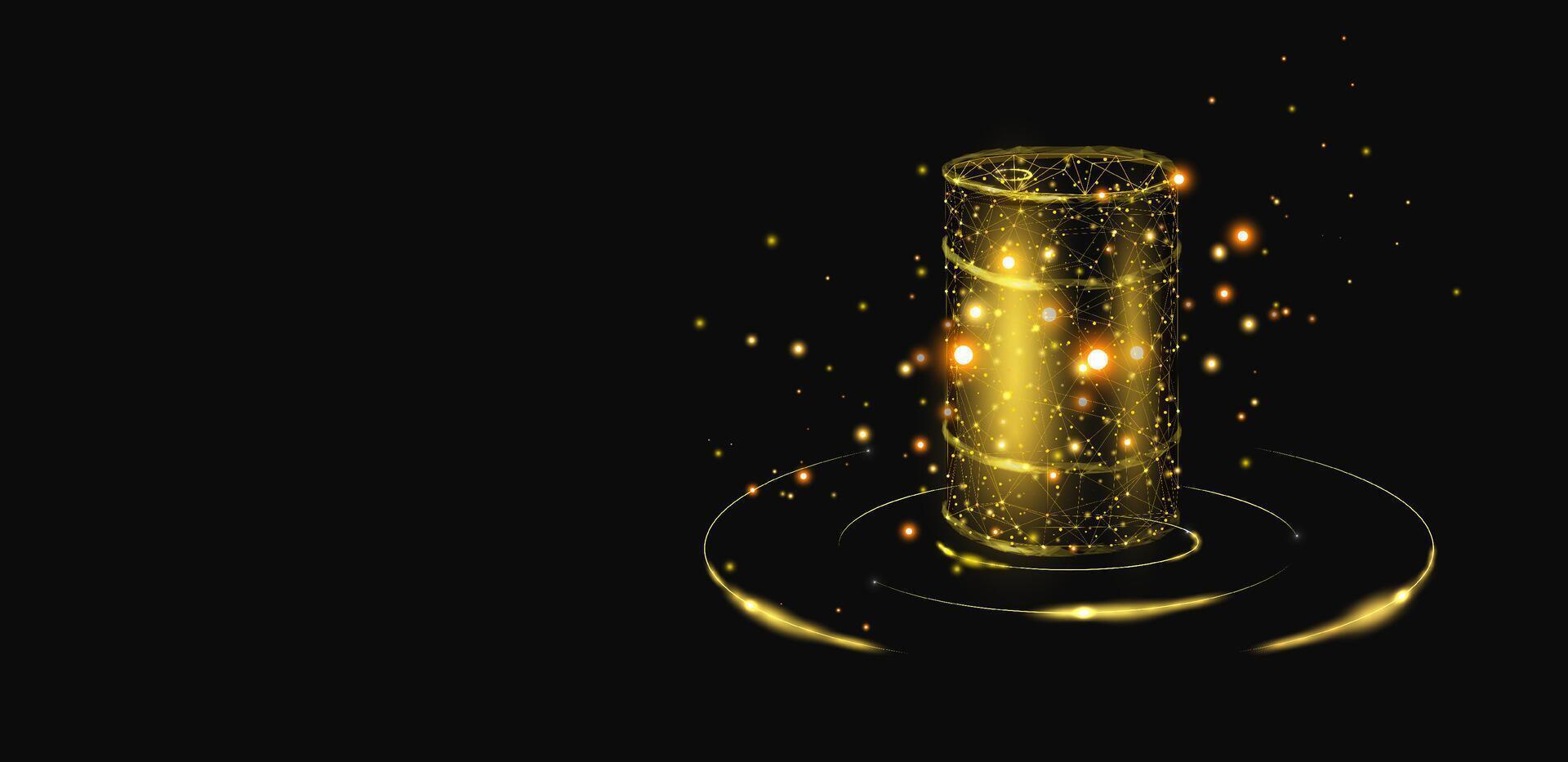 Barrel with oil. Glowing barrel of petroleum. Wireframe low poly graphics. Abstract illustration on dark background. vector