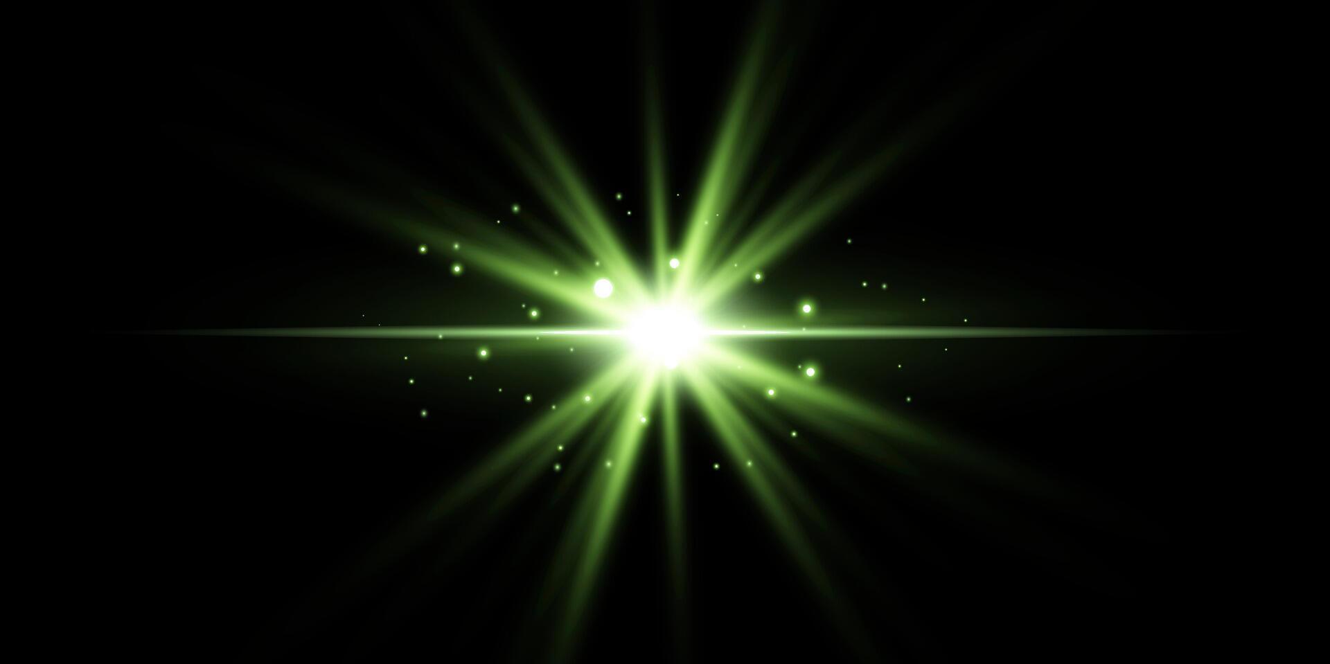 Green horizontal lensflare. Light flash with rays or green spotlight. Glow flare light effect. illustration. Isolated on black background. vector