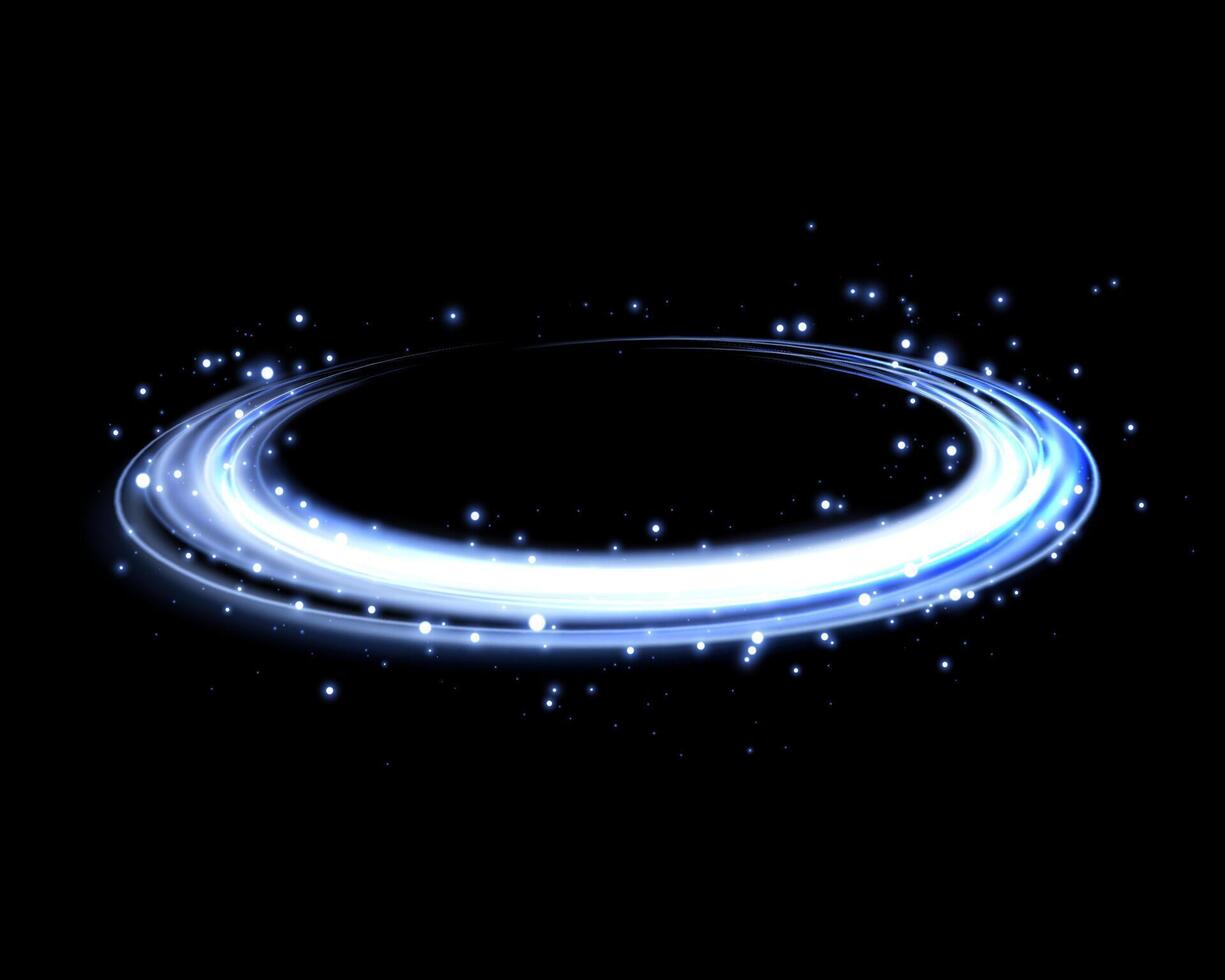 Glowing blue magic rings. Dynamic orbital flare halo ring. Neon realistic energy swoosh swirl. Abstract light effect on a dark background. illustration. vector