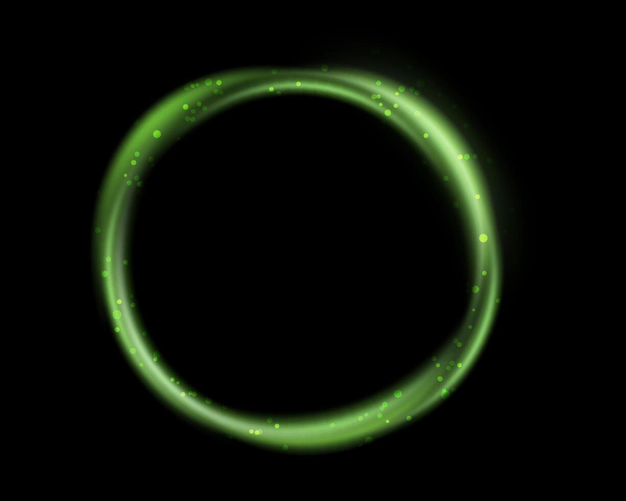 Green magic ring with glowing. Neon realistic energy flare halo ring. Abstract light effect on a black vector