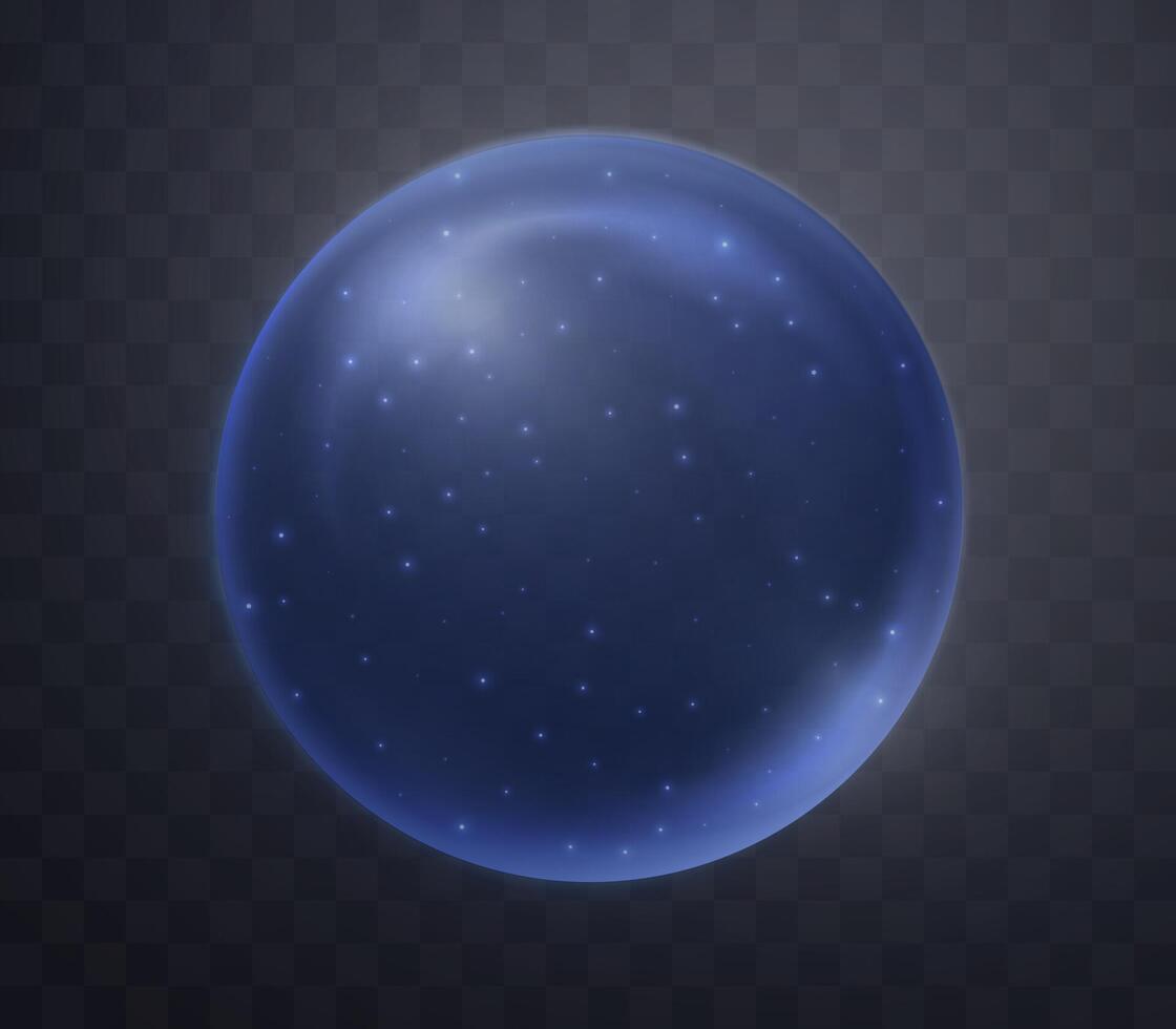 Blue magic fantasy sphere. Crystal ball with glowing sparkles and particles. Energy orb with glow flare light effect. Isolated on dark background illustration. vector
