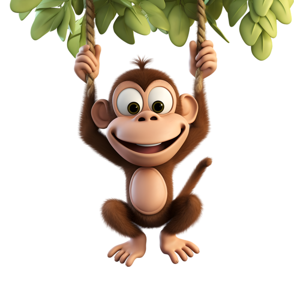 Playful cartoon monkey hanging from invisible vine jungle background digital art whimsical environment fun concept png