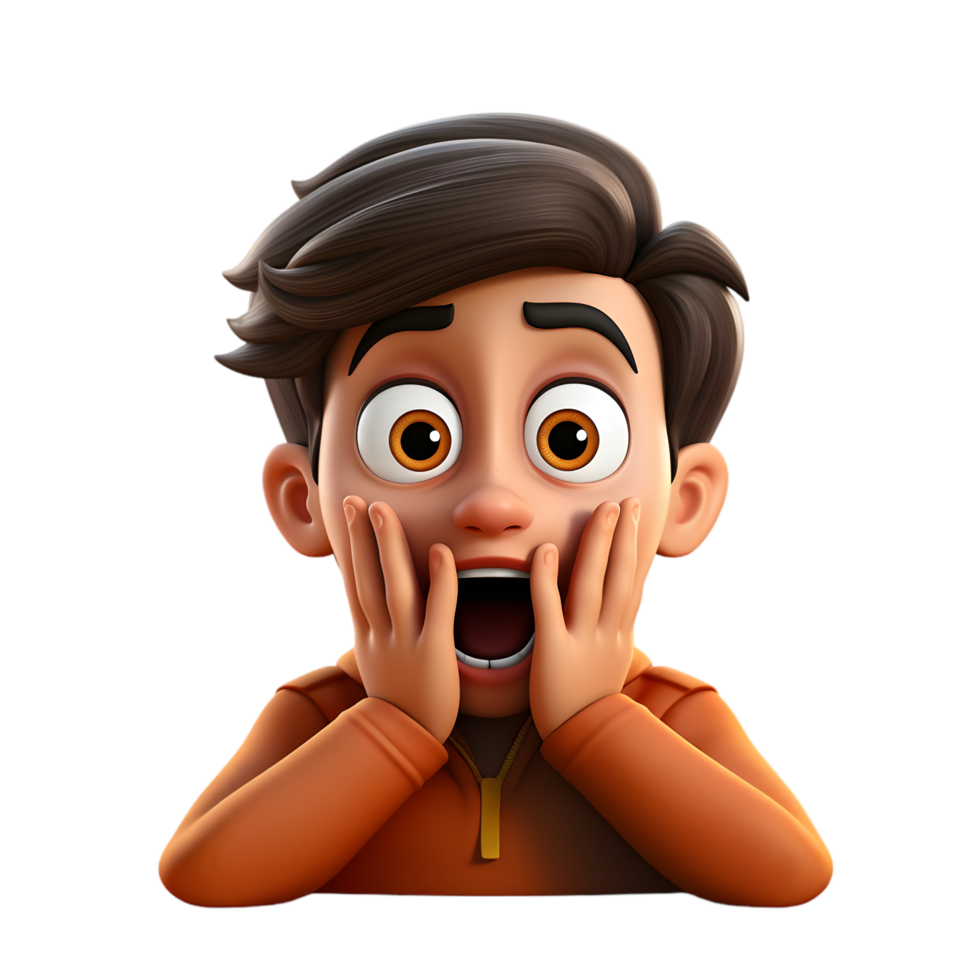 Surprised cartoon boy covering mouth in shock colorful background 3d animation playful environment close-up view png