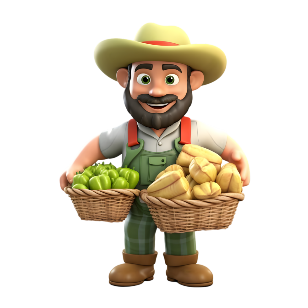 Cartoon farmer harvesting fresh produce farm field digital art bright environment playful viewpoint design png