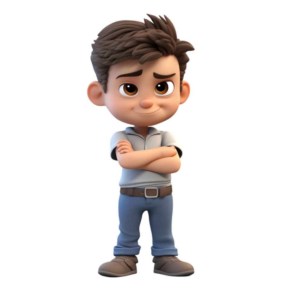Pouting cartoon boy with arms crossed indoor setting character design playful environment close-up integration png