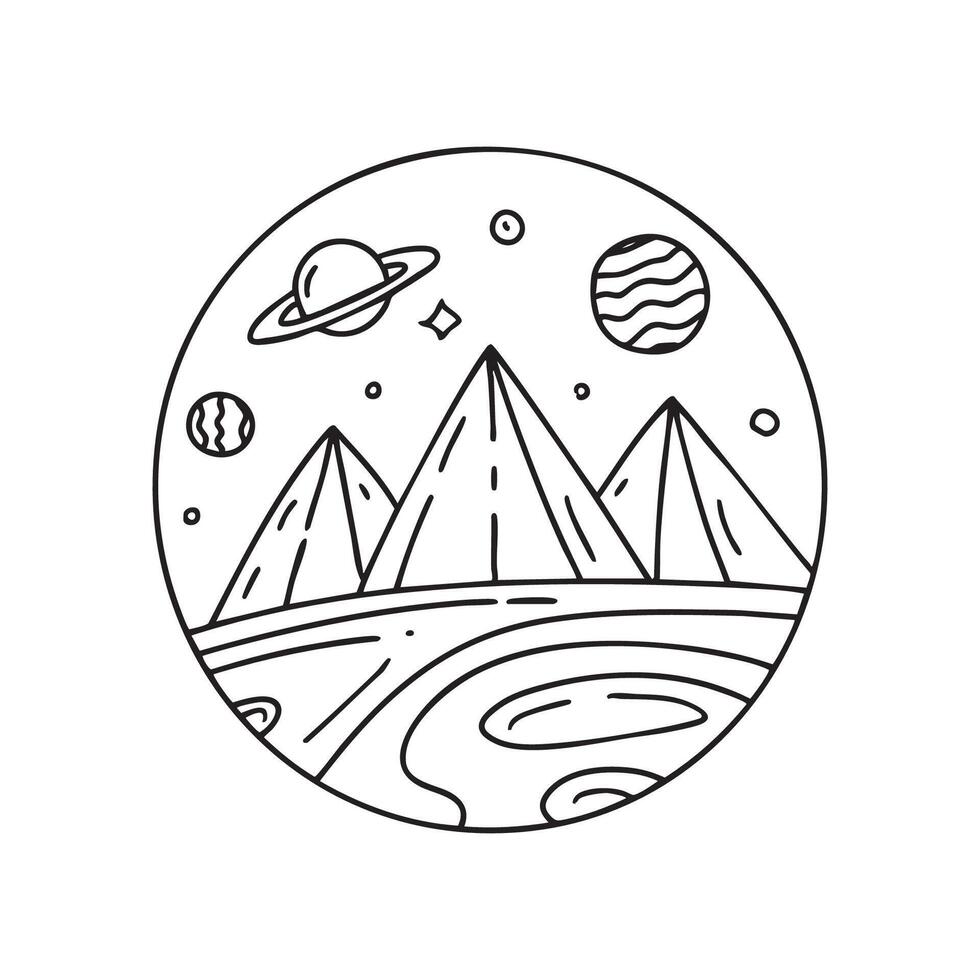 Craters and towering mountains with planets and a space scenery background vector
