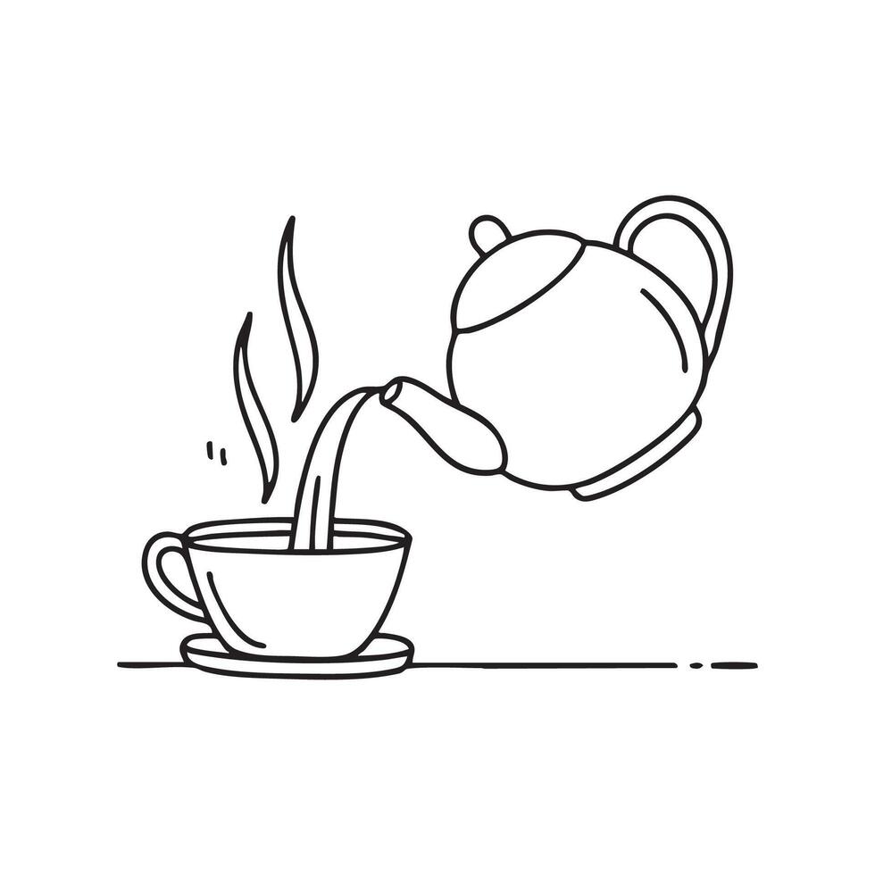A pot of tea with steam rising as someone pours into a cup vector