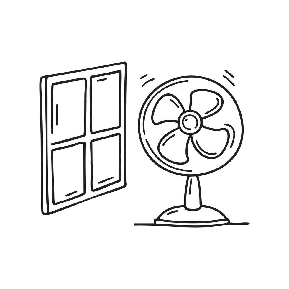 A portable propeller fan positioned near an open window vector