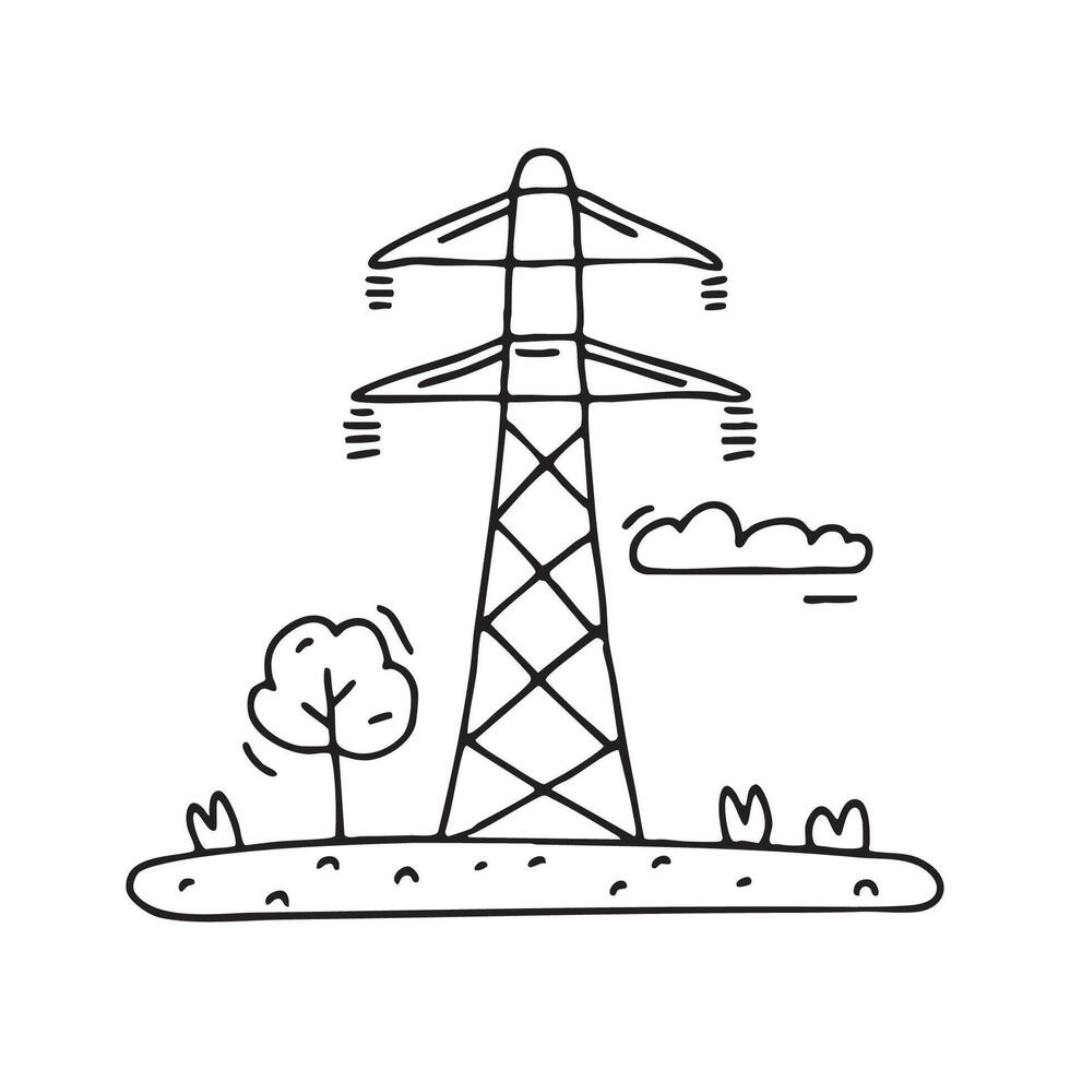 A high voltage power pylon towering over a grassy field vector