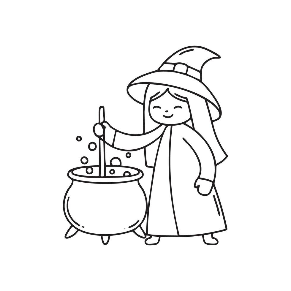 A wizard stirring a bubbling potion in a cauldron vector