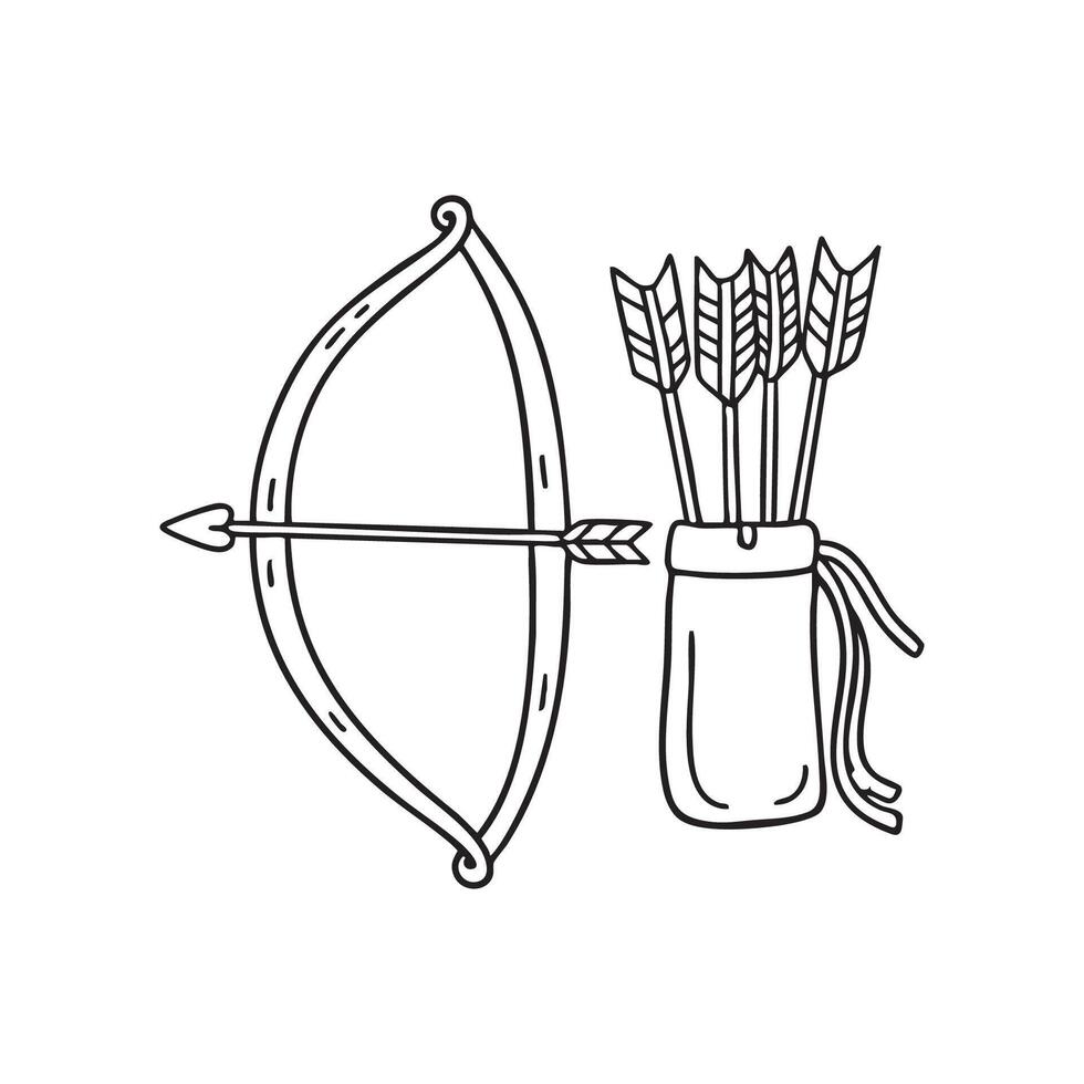 A leather pouch holding arrows, with a bow resting beside it vector