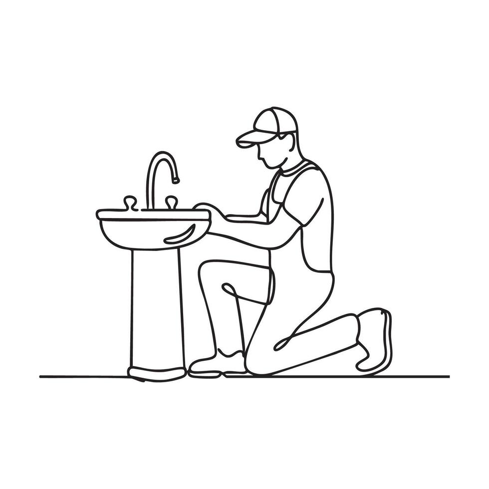 A male plumber kneeling while fixing a bathroom sink vector