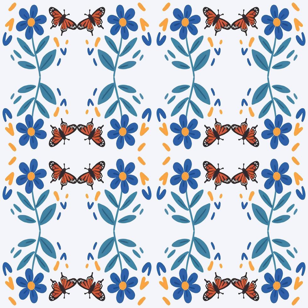 a pattern with blue and orange flowers and butterflies vector