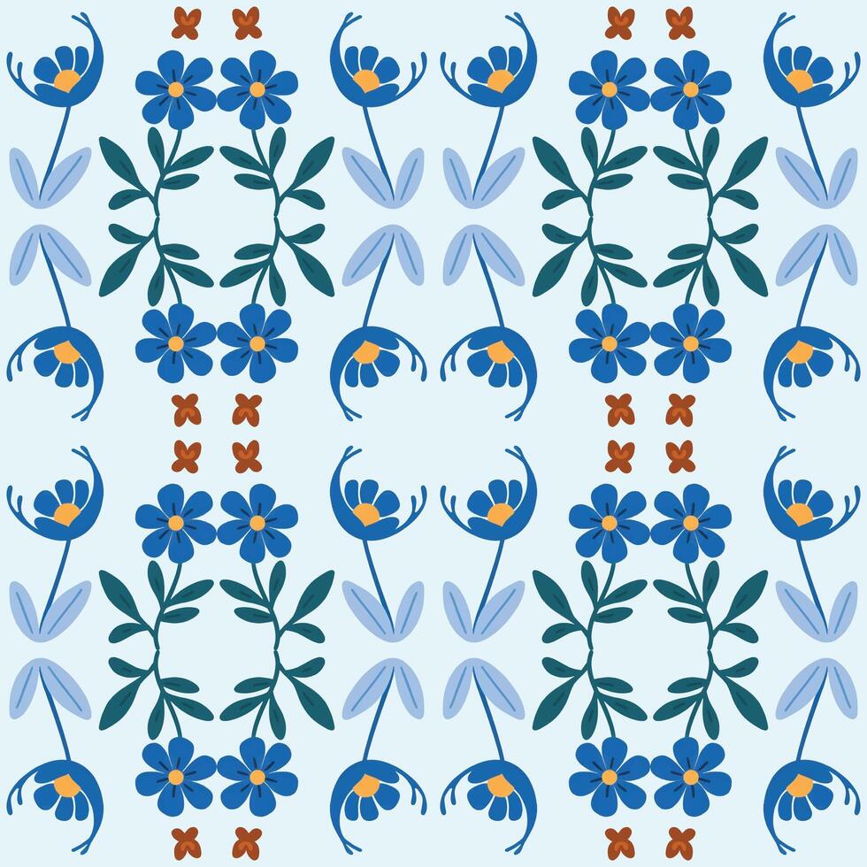 a blue and orange floral pattern on a light blue background vector
