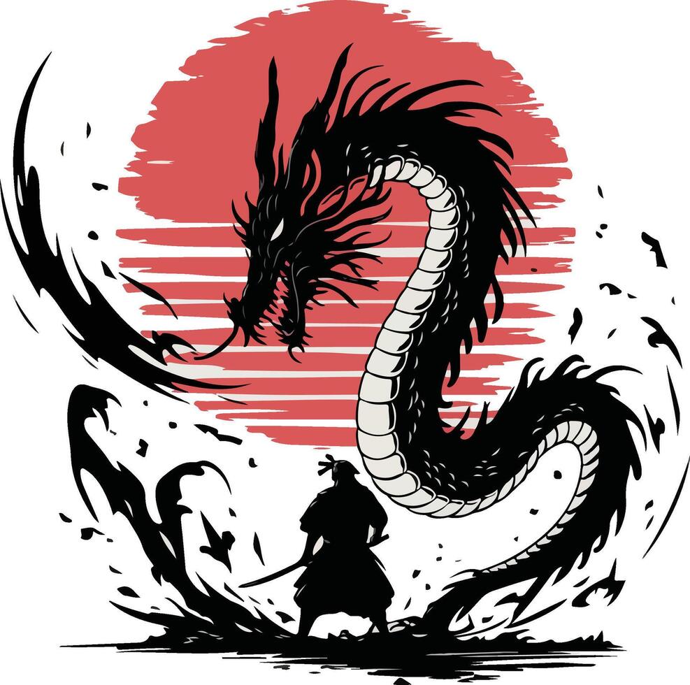 The dragon is standing in front of a red sun design vector