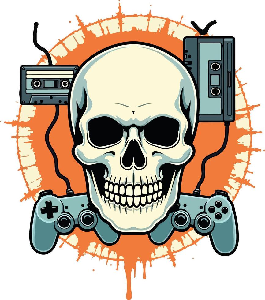 A skull with two game controllers and a cassette tape design illustration vector