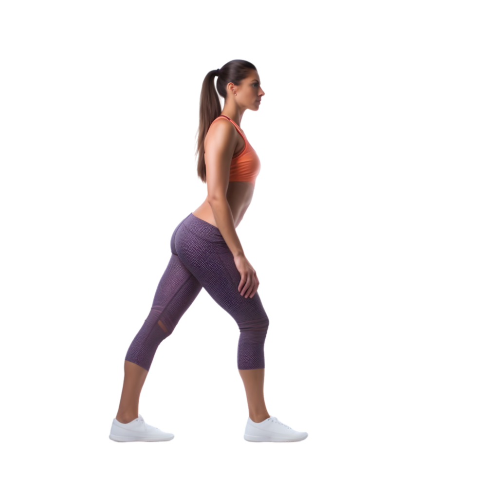 Dynamic stretching routine fitness studio realistic image young woman in motion png