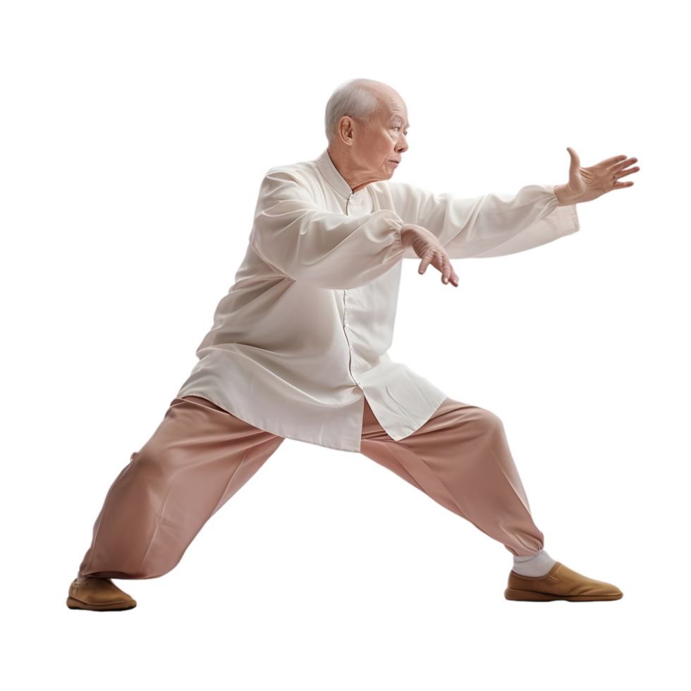 Elderly man practicing tai chi urban park realistic photo peaceful environment side view seamless movement pattern png