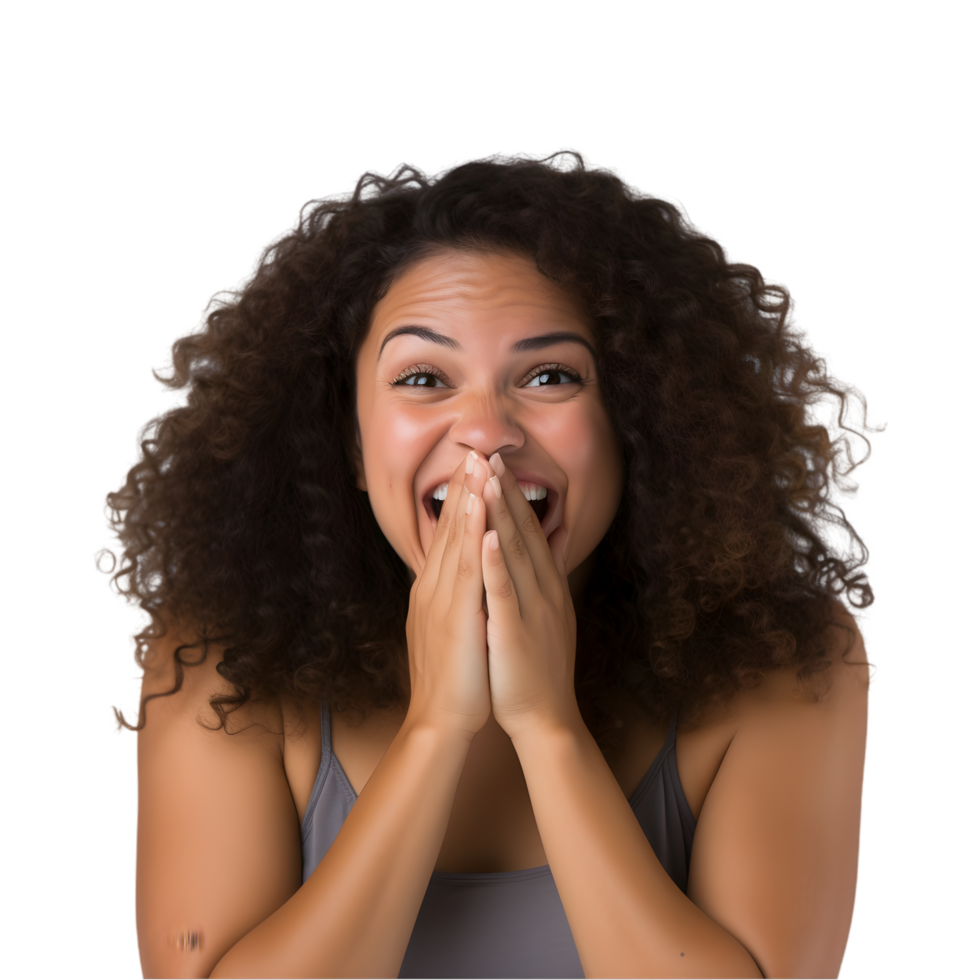 Exciting moment of joyful young woman indoor setting realistic photo expressive emotion bright environment png