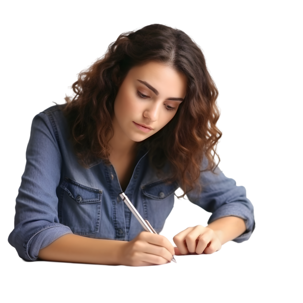 Writing journey woman in a of creativity home office realistic photo calm environment close-up view png
