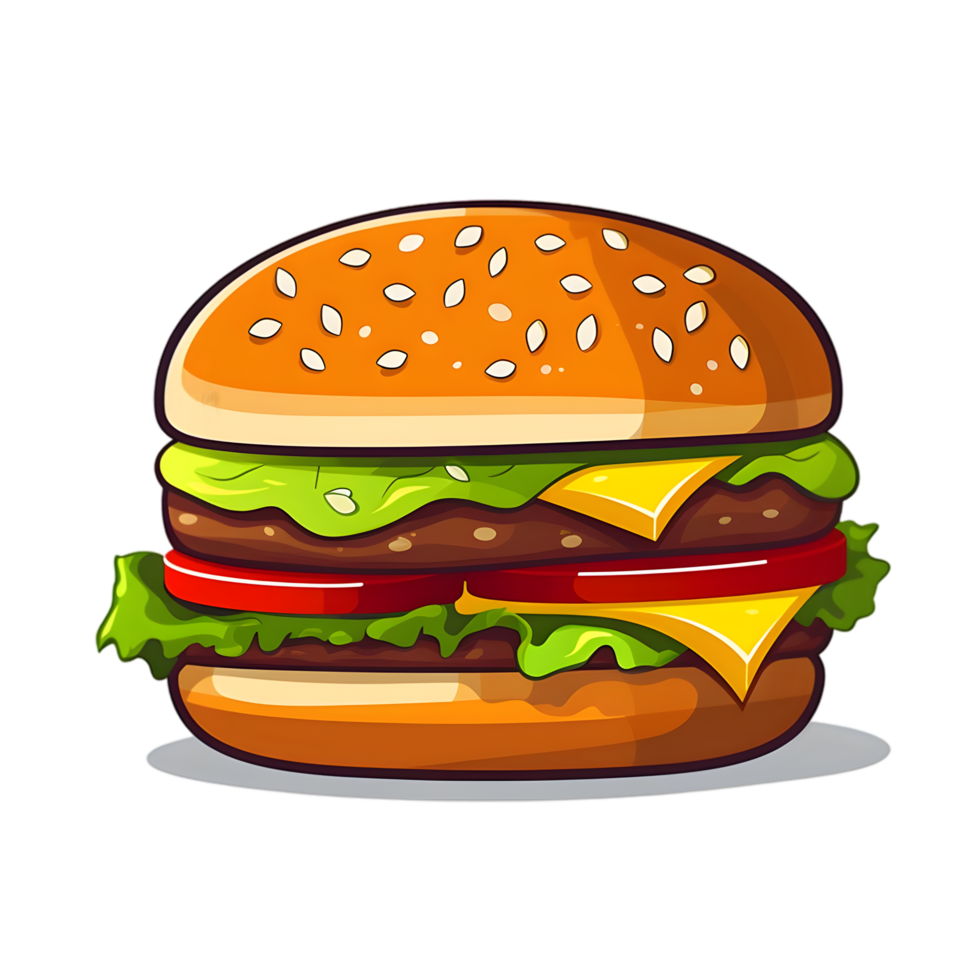 Captivating fast food art, vibrant colors, hamburger icon design, digital illustration, simple view, delicious lettuce and cheese concept png