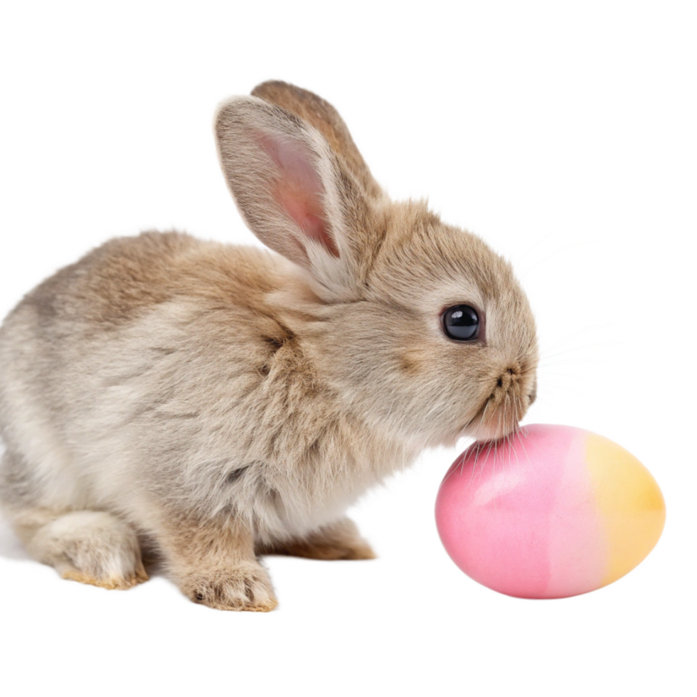 Tiny baby rabbit sniffing colorful easter egg studio setting photography whimsical close-up playfulness png
