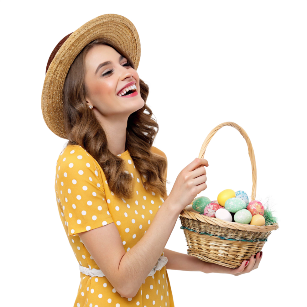 Joyful young woman holding colorful easter eggs in a basket indoor studio portrait bright and cheerful atmosphere png