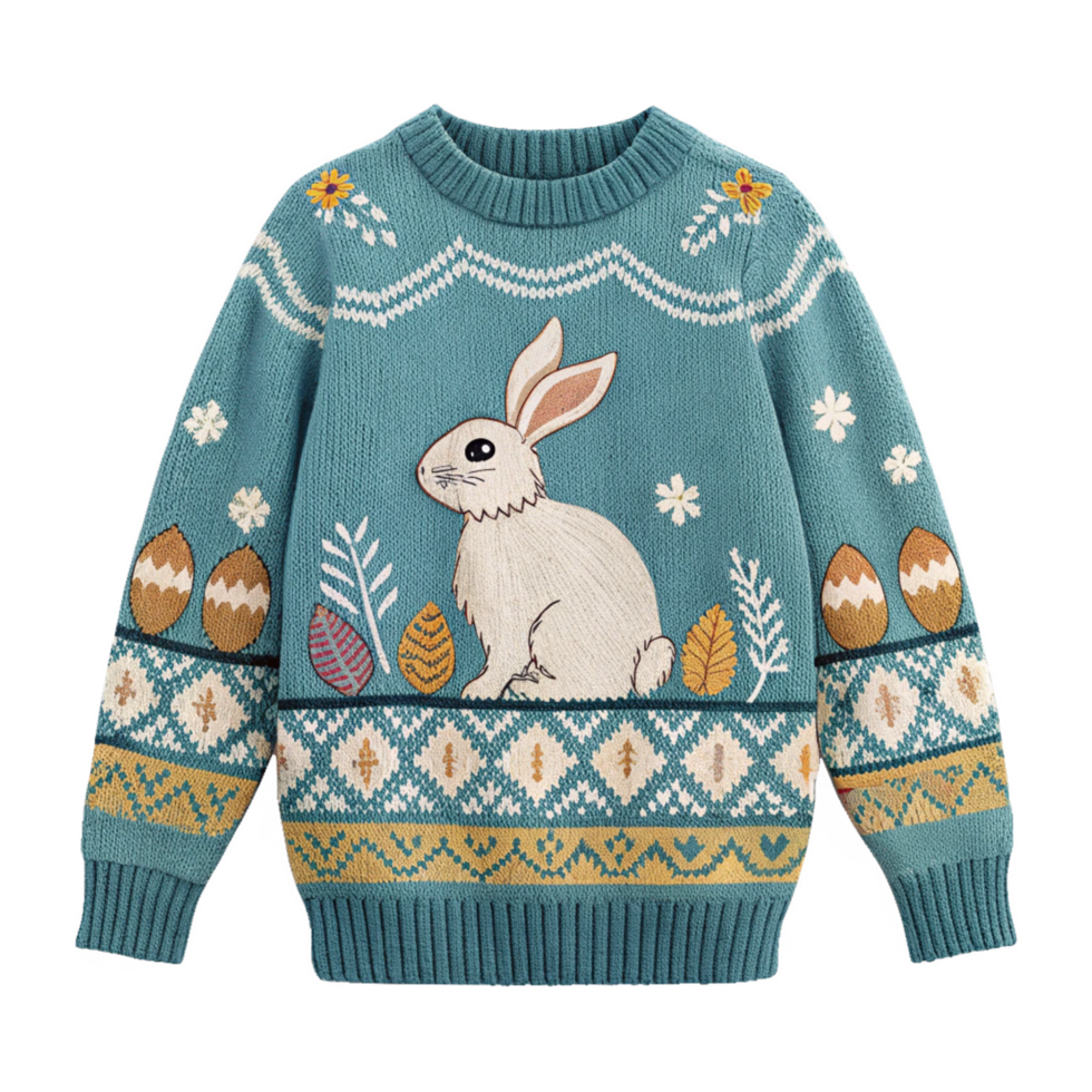 Festive knitted easter sweater featuring rabbit design studio setting apparel photography vibrant colors close-up view png