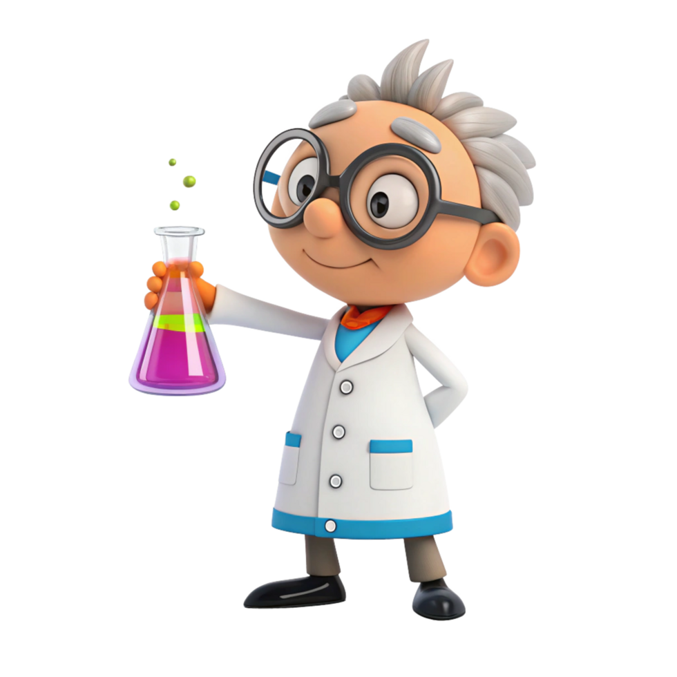 Animated scientist experimenting in a laboratory colorful cartoon character playful science environment creative perspective png