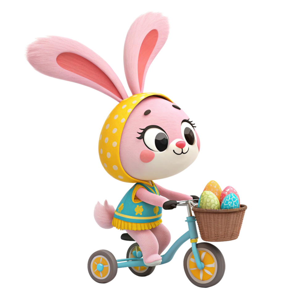 Easter bunny riding a small bicycle colorful playground animated adventure cheerful environment playful perspective png