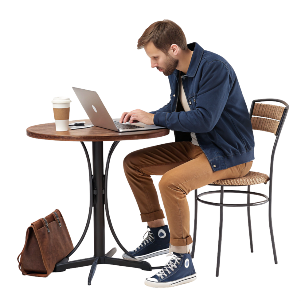 Focused man working on laptop at coffee shop daily life urban environment close-up view productivity concept png