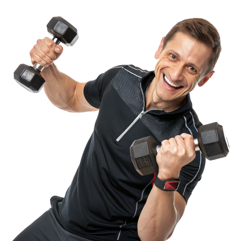 Energetic fitness trainer holding dumbbells in a gym motivational portrait high-energy environment upbeat perspective png