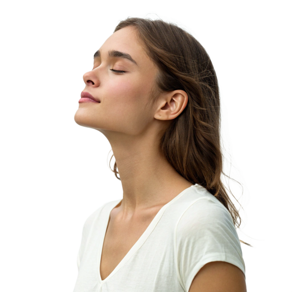 Young woman in tranquil setting taking deep breath nature background portrait calm environment serene viewpoint png