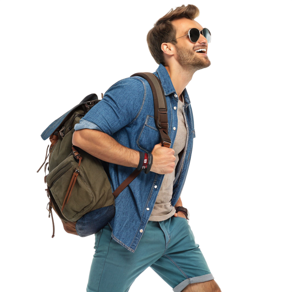 Adventurous stylish man with backpack urban city fashion photo bright daylight candid shot travel inspiration png
