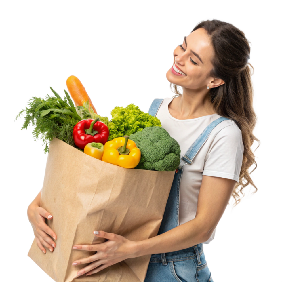 Joyful woman grocery shopping urban market lifestyle photography bright day close-up fresh produce experience png
