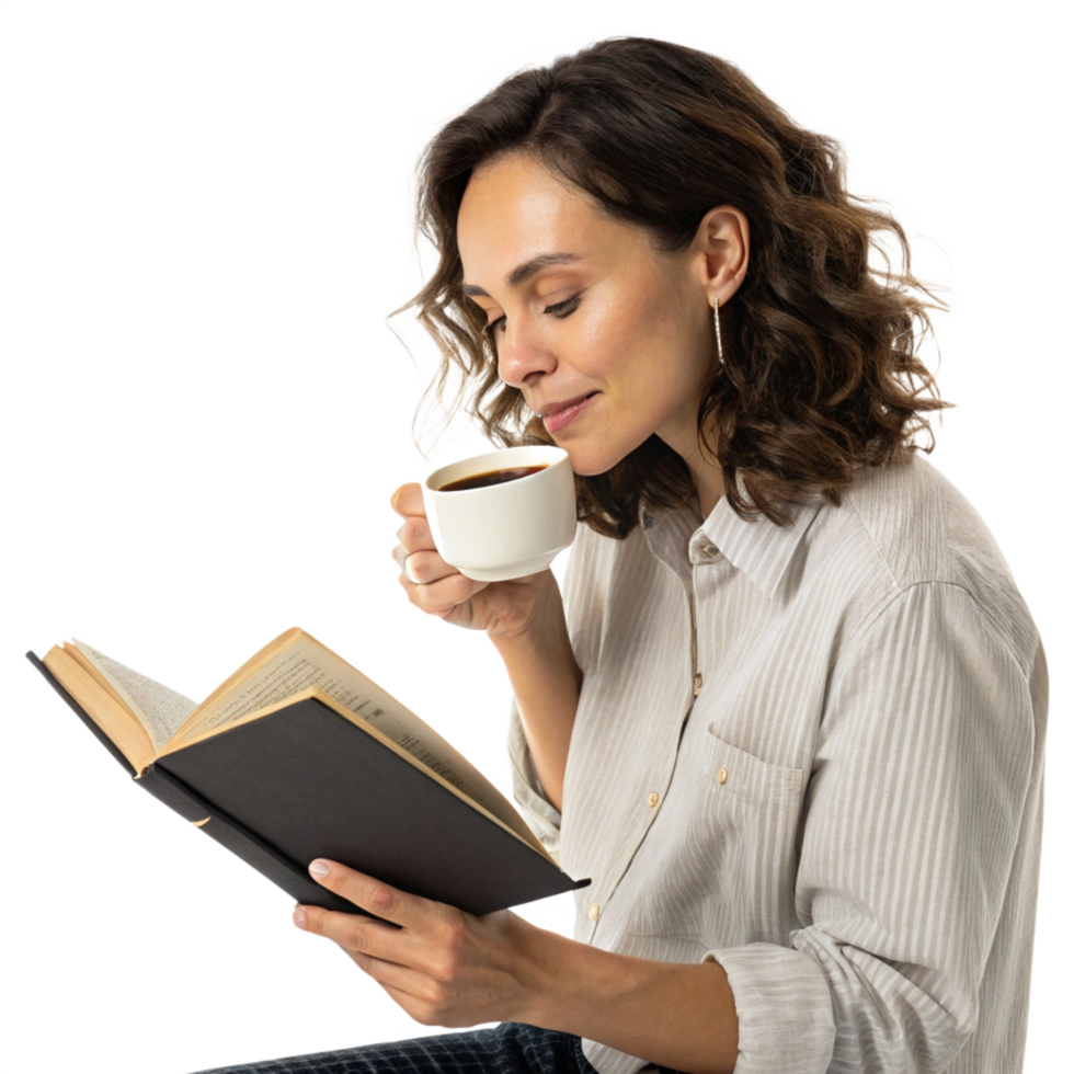 Relaxing woman sipping coffee while reading book cozy indoor space lifestyle photography calm environment close-up viewpoint png