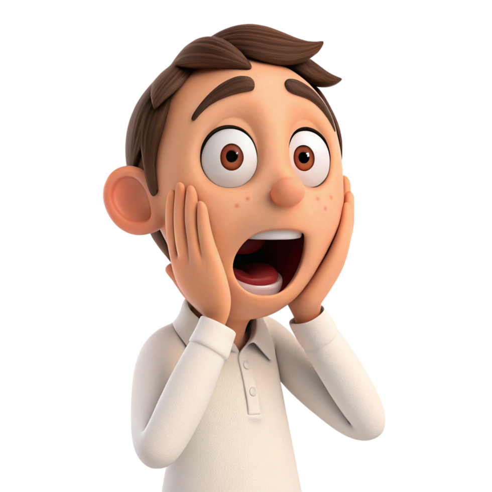 Surprised cartoon character reacting to unexpected event digital art indoor setting whimsical viewpoint png