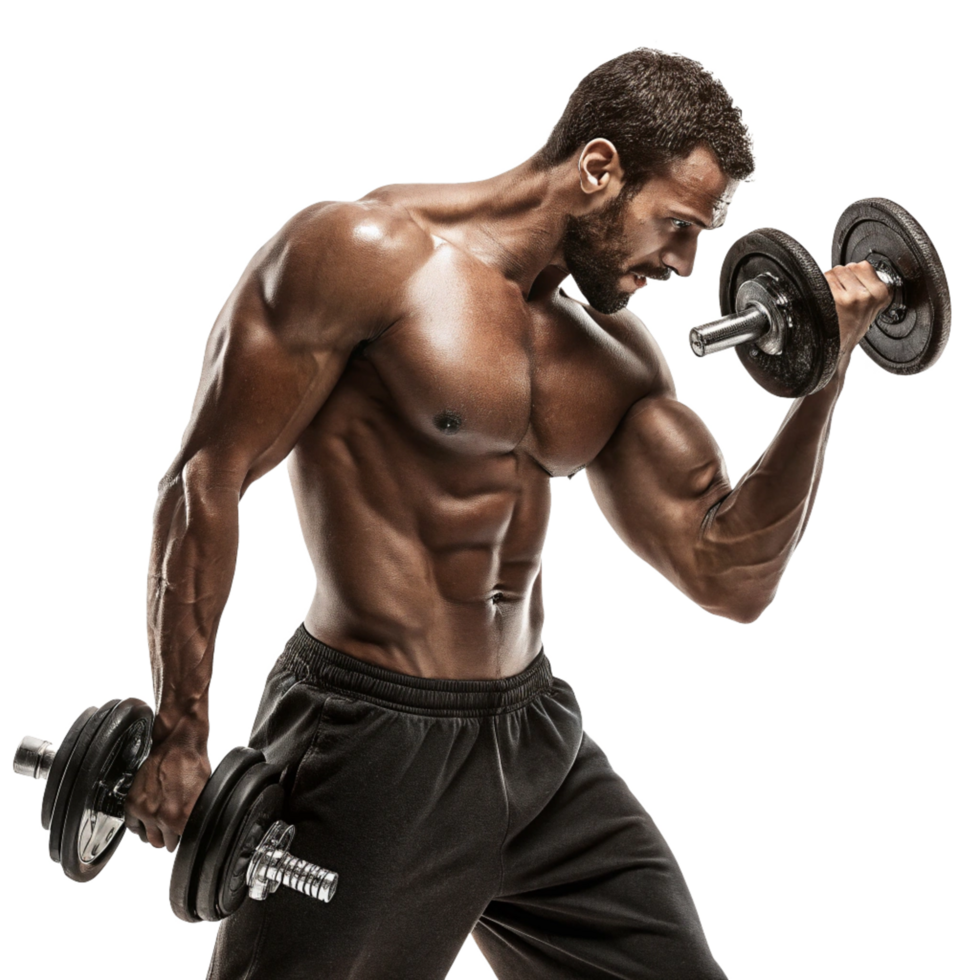 Muscular man lifting dumbbells in gym fitness photography intense workout environment dynamic perspective png